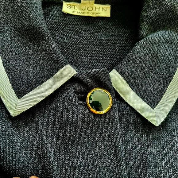 St. John Knits Classic Santana Knit Jacket Blazer‎ Navy Light Blue Trim Size L